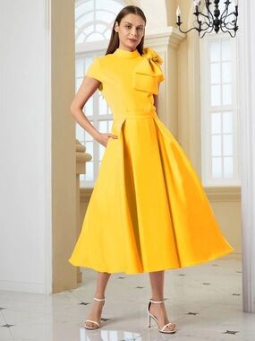 STYLEWE Bright Yellow Midi Dress with Shoulder Bow